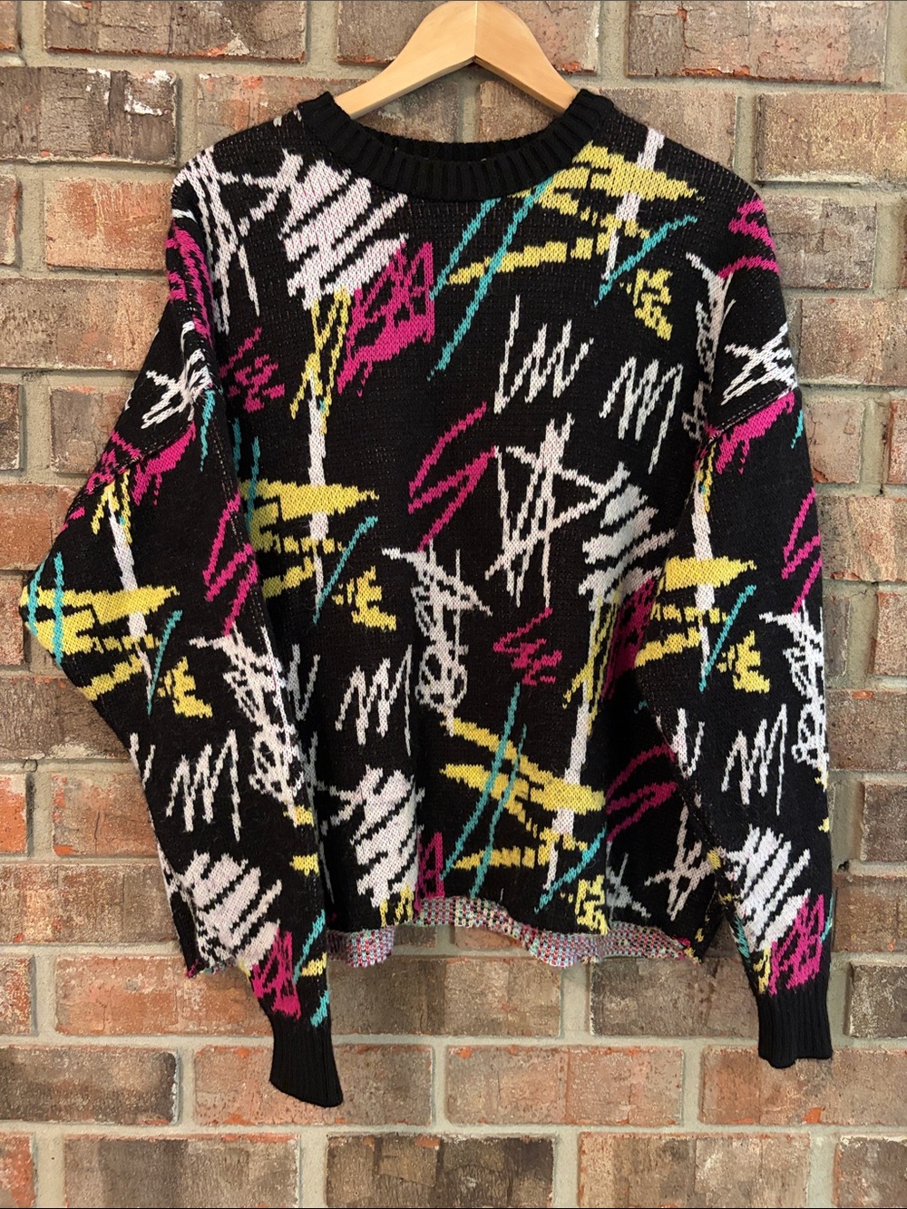 Abstract Pattern Crewneck Sweater in Black with Pink, Yellow & Teal Accents